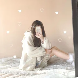 Women's Zipper Oversized Soft Harajuku Kawaii Hooded Winter Jacket Rabbit Ears Plush Faux Cashmere Coat Plus Velvet Padded 2024