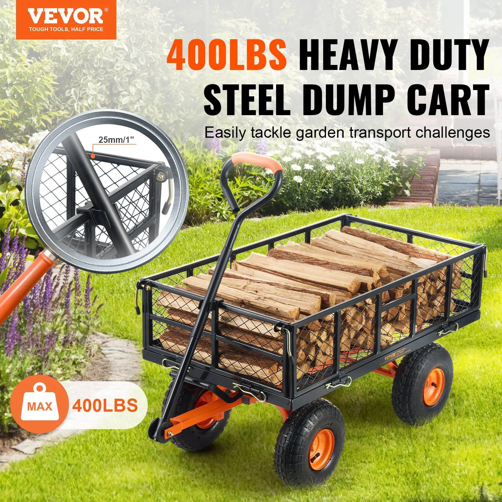 

Dump Cart, Metal Garden Dump Cart with Easy to Assemble Frame, Dump Wagon with 2-in-1 Convertible Handle, 400 lbs Capacity