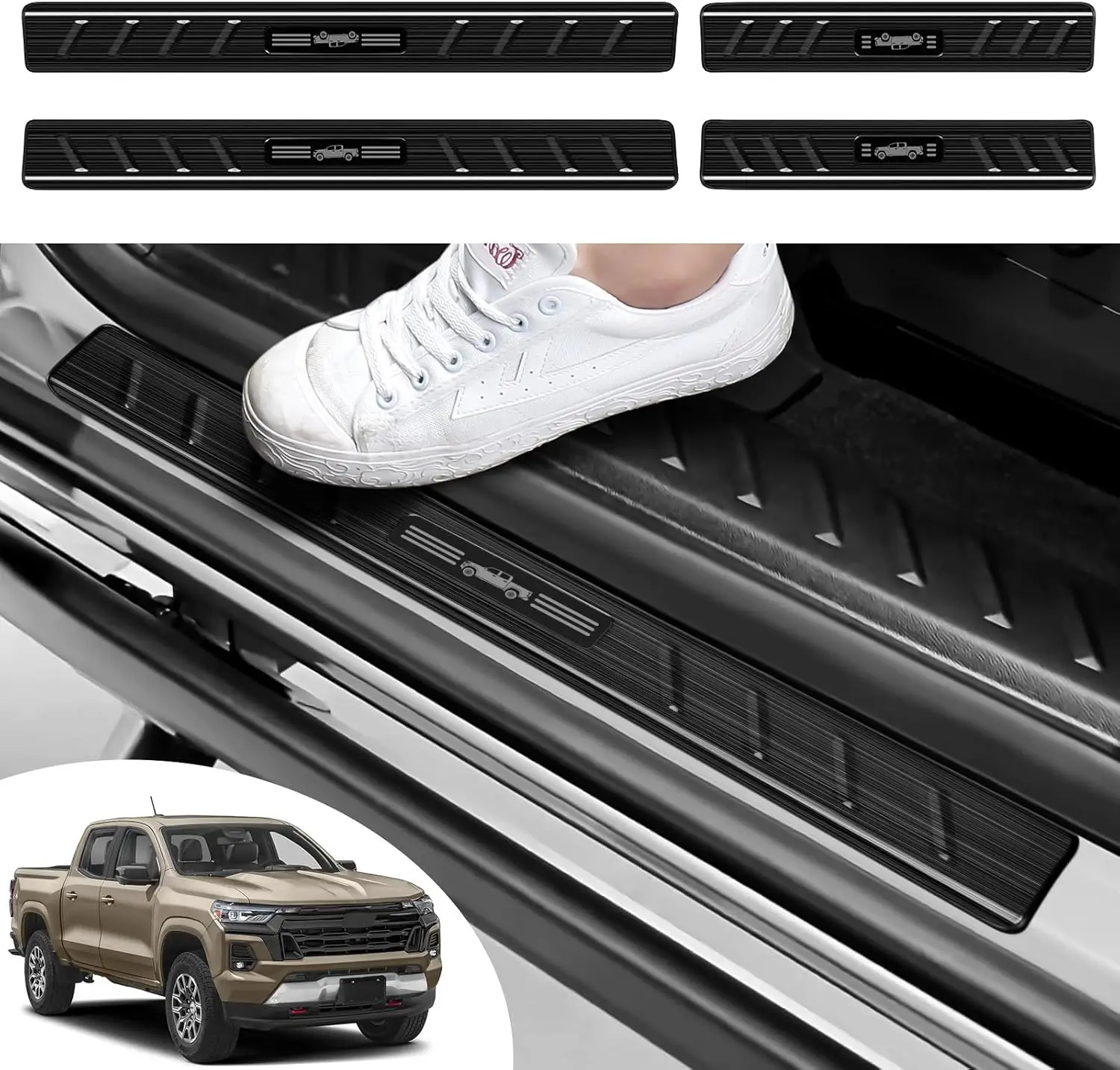 For Chevy 2023-2025 2026 Colorado & for GMC 2023-2026 Canyon Accessories Black Brushed Stainless Steel Material Car Door Thresho