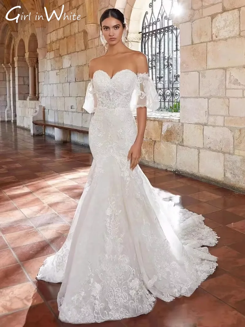 Vestido De Novia De sirena con escote corazón, vestido De Novia bordado De encaje con hombros descubiertos, cola De barrido personalizada, Vestidos De Novia