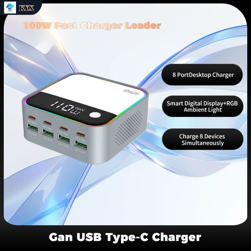 

Зарядное устройство GaN USB Type-C, 8-портовое настольное зарядное устройство, дисплей окружающего освещения, 100 Вт, быстрое зарядное устройство PD для ноутбука, iPhone, Android