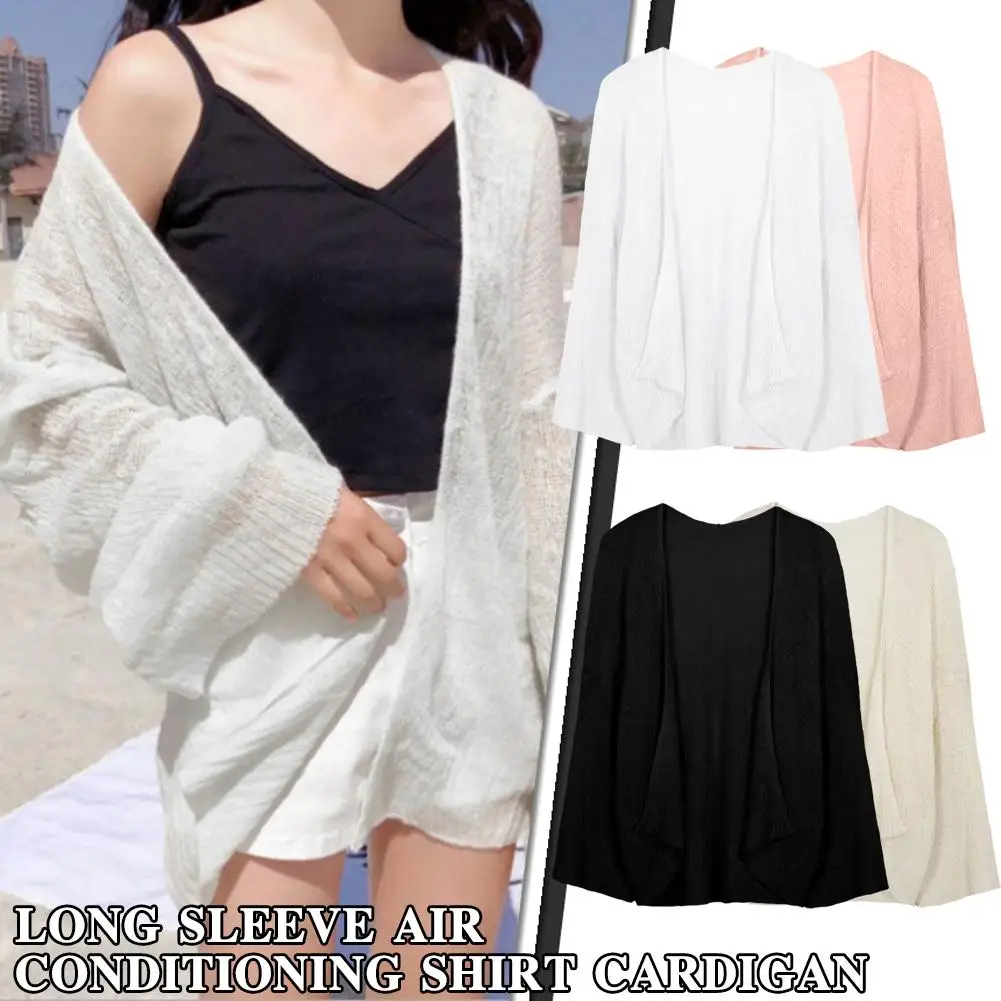 Summer Knitted Cardigan Cardigan Lazy Loose Hollow Color Sweter Air-conditioned Cardigan Soild Long-sleeved Shirt Cropped I5V3