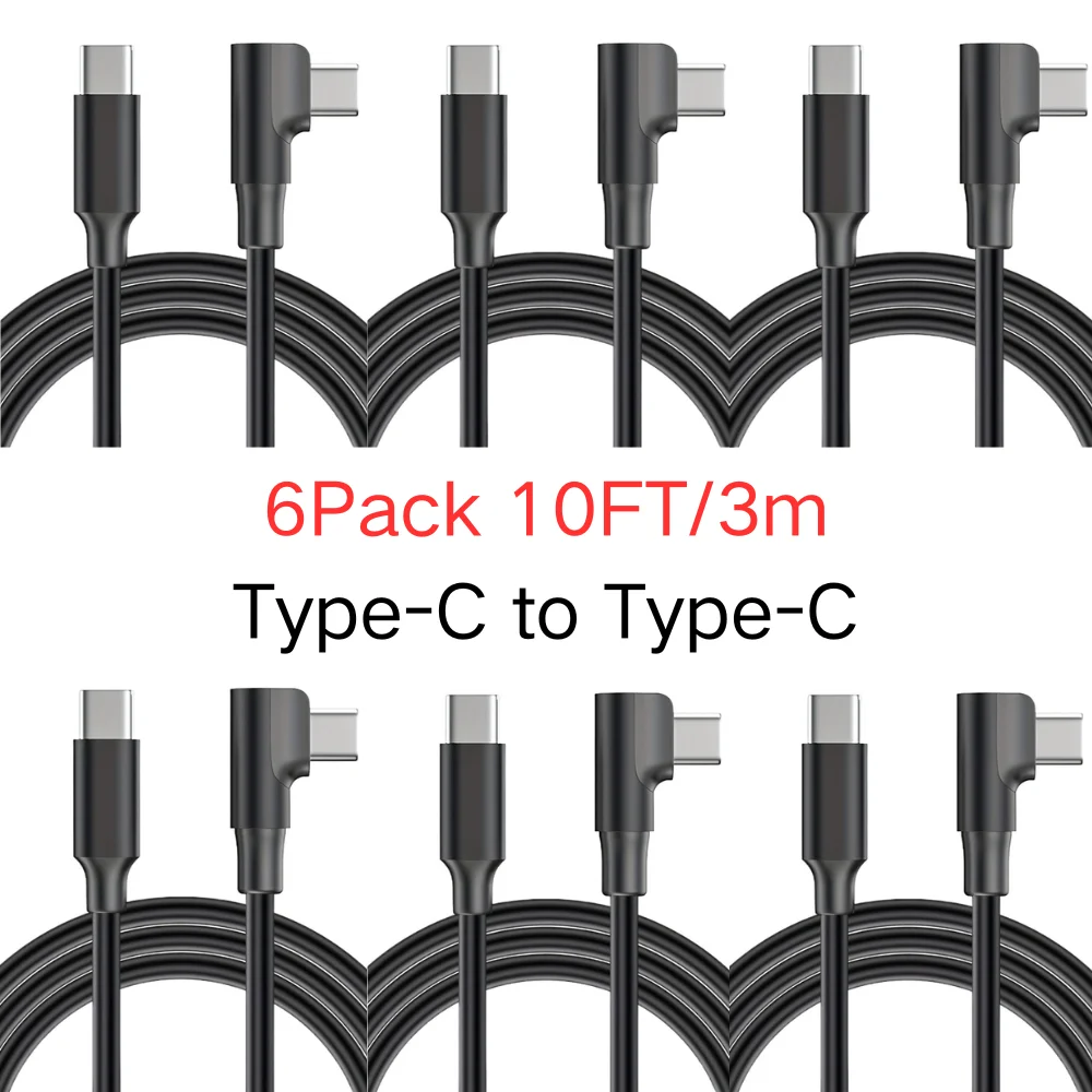 

6 шт., 10 футов/3 м, плетеный кабель для зарядки из ПВХ типа C, прямоугольный кабель C-C, прочный кабель для быстрой зарядки под углом 90 градусов
