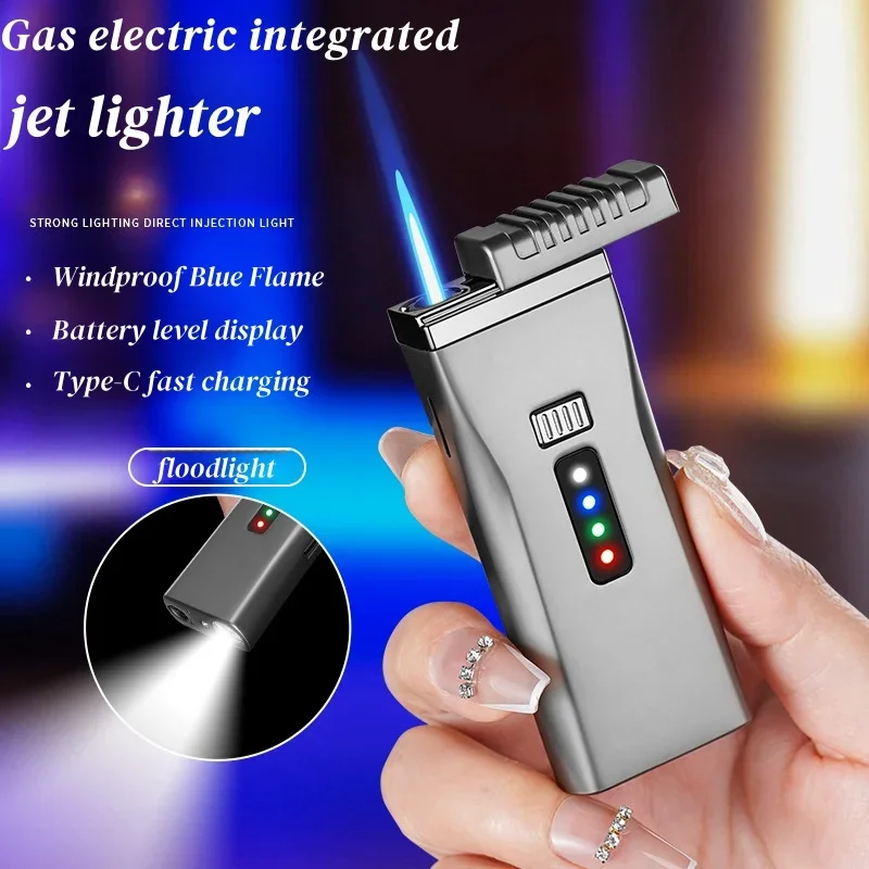 Gas Electric Integrated Jet Gas Lighter with LED Lighting Windproof Portable Turbine Torch Cigarette Lighter for Men's Gift