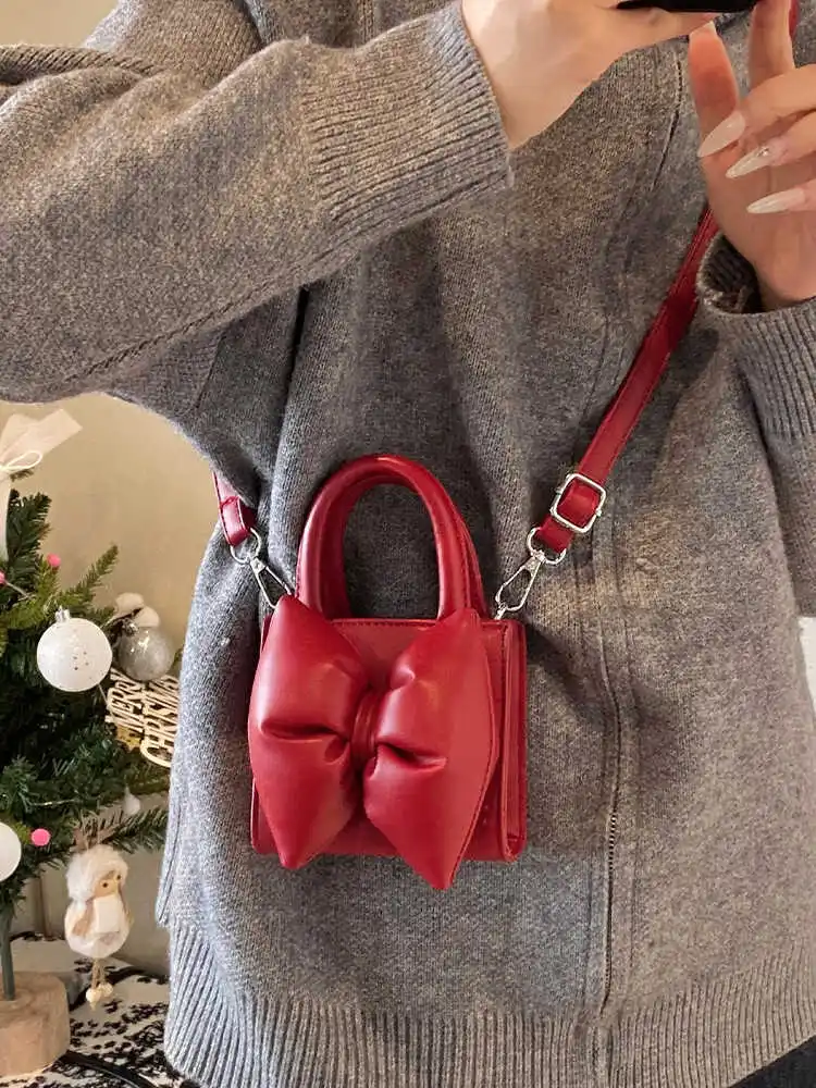 

Mini Women's Bag Ladies Autumn Winter Fashion Solid One Shoulder Bags Commuter Cute Bow Decoration Crossbody Small Square Pack