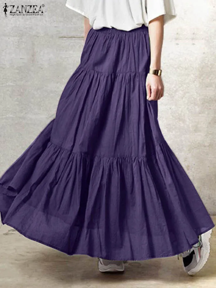 ZANZEA Fashion Women Long Skirt Vintage Solid Ruffle Sundress Casual Elastic Waist Holiday Skirt Party Jupe Vestidos Robe Femme