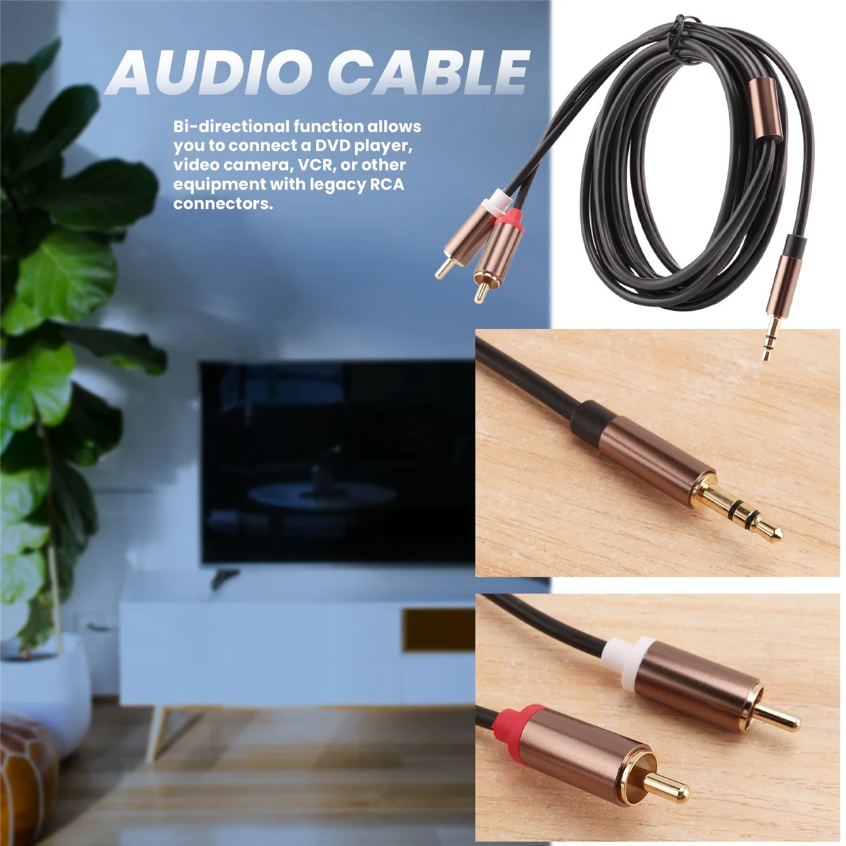 Jack 3.5mm to 2 RCA Audio Cable AUX Splitter 3.5mm Stereo Male to Male RCA Adapter 2 Speaker Cable 1m HOT