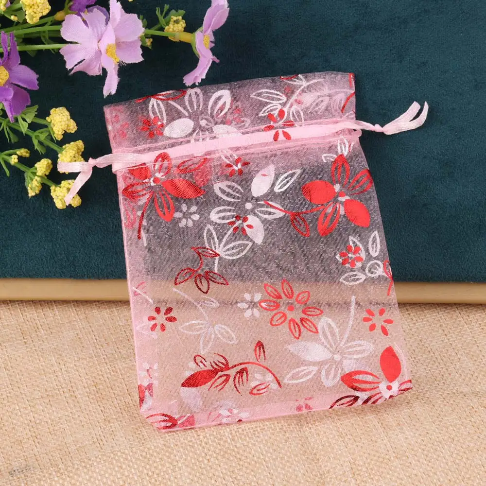 50pcs/Lot 9x12cm Gold Foil Bauhinia Organza Bag for Jewelry Packaging