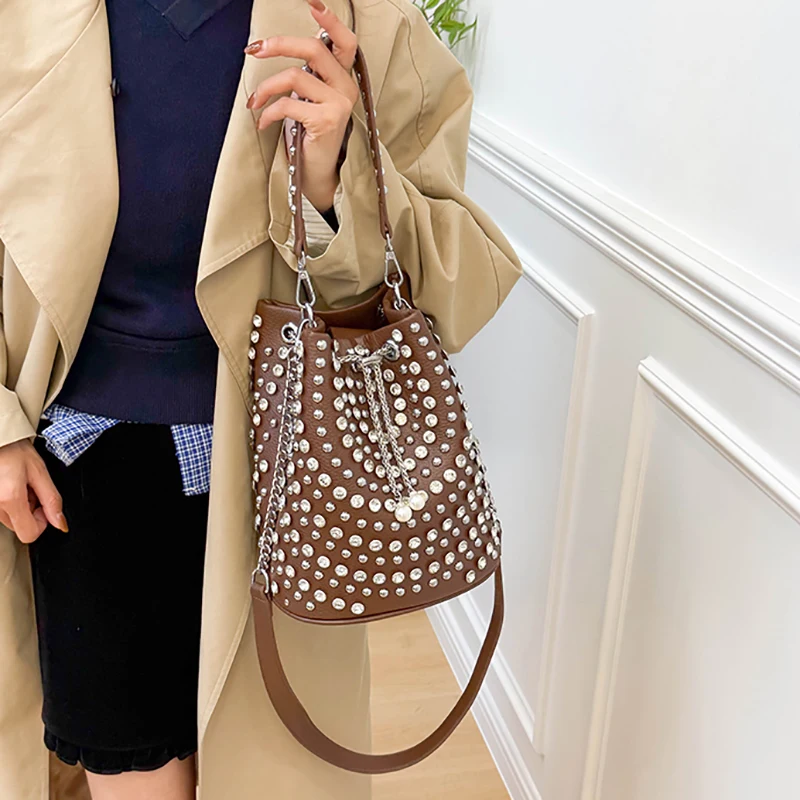 

Retro Small Rivets PU Leather Shoulder Bag for Women 2025 Punk Style Bucket Handbags and Purses Females Crossbody Bags