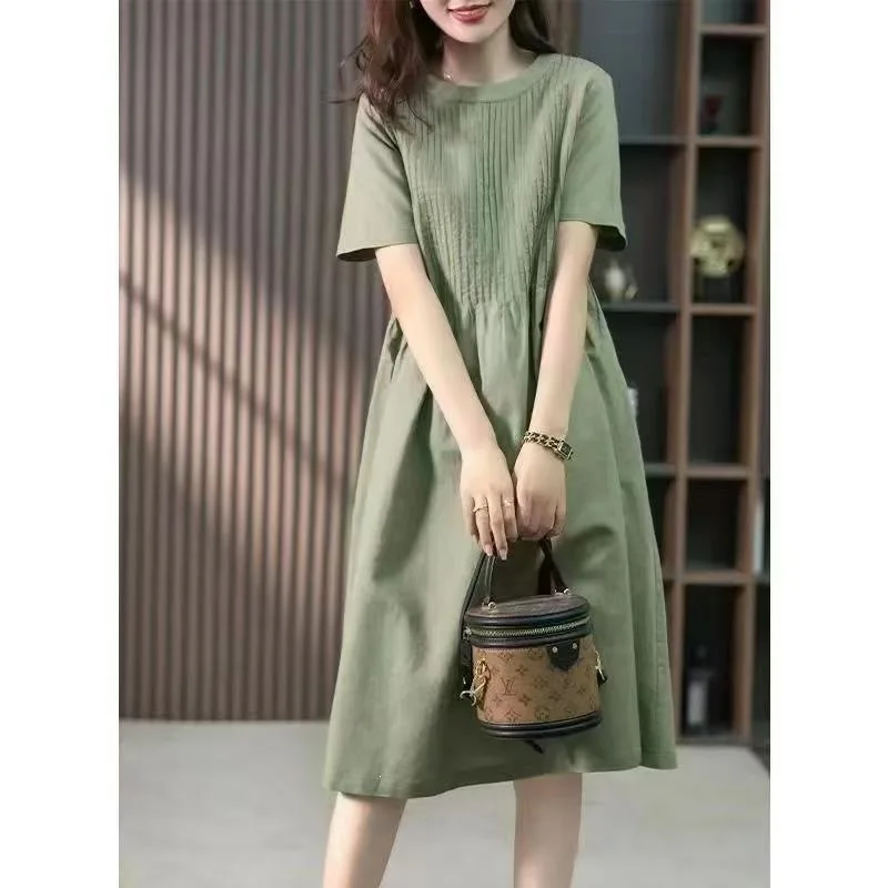 Plus Size Cotton Linen Women's Dress round Neck Short Sleeve Loose Slimming Midi Pure Color Casual Skirt Artistic Retro Style