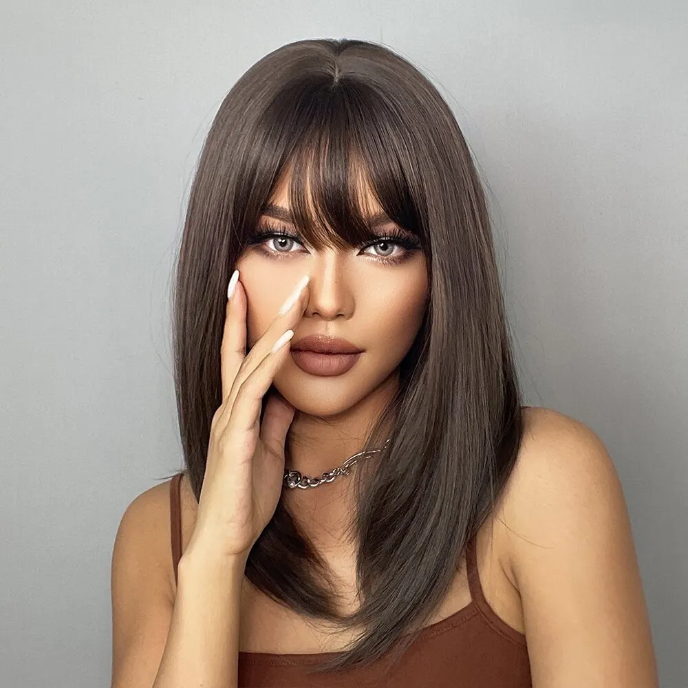 Brown Straight Synthetic Wigs With Bangs For Black Women Shoulder Length Bob With Dark Roots For Girl Daily Use Cosplay Wigs