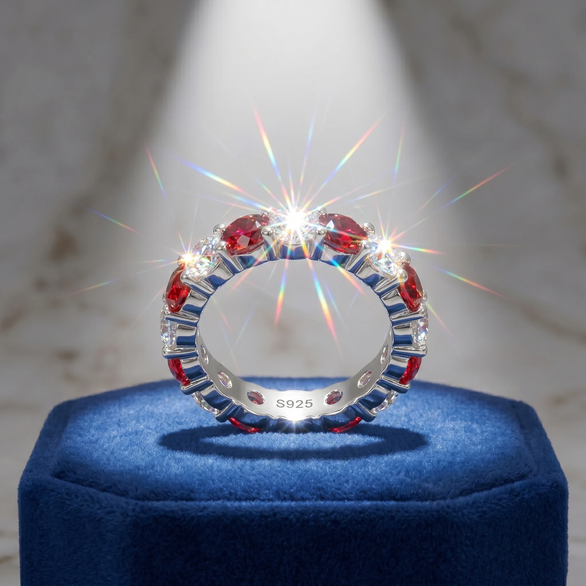 Moissanite Ring, 925 Sterling Silver, Lab Ruby & Moissanite Mixed, Full Pave, Jewelry Gift, Women's, Pass Diamond Tester