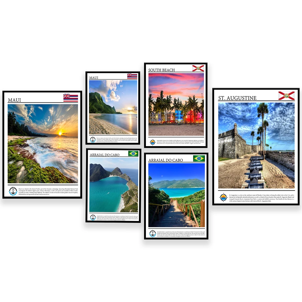 

Saint Augustine Florida, Clearwater Beach, South Beach Miami, Arraial do Cabo Brazil, Maui Hawaii Beach Vacation Travel Poster