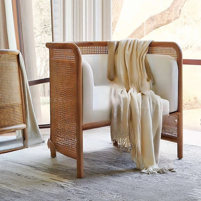 Nordic solid wood sofa rattan furniture simple homestay ins living room balcony rattan chair sofa single rattan sofa chair