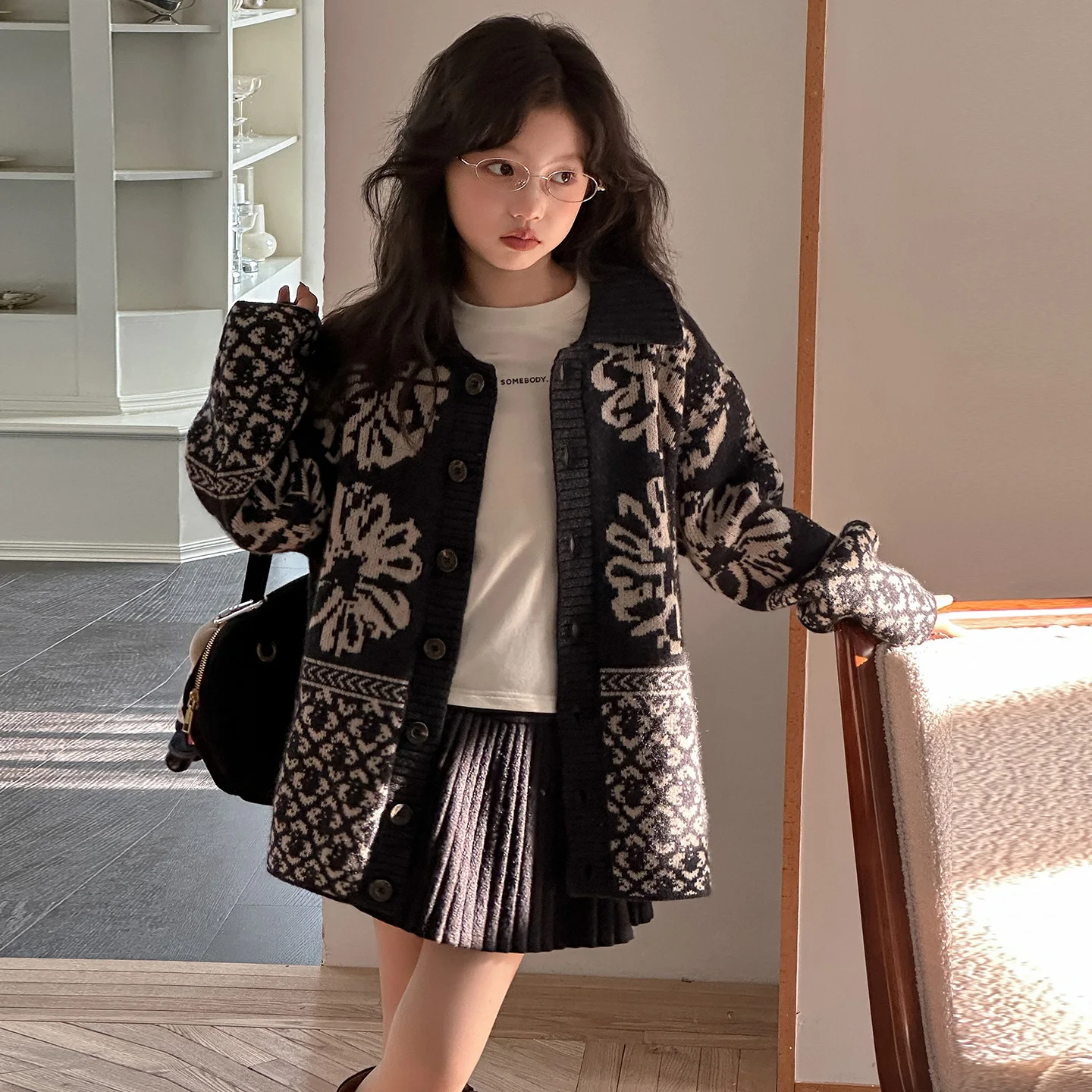 

New Item Kid Sweater 4-14Y Baby Girl Casual Fashion SpringAutumn Floral Cardigan Tween Vintage Outfit Child Korean Style Knitted