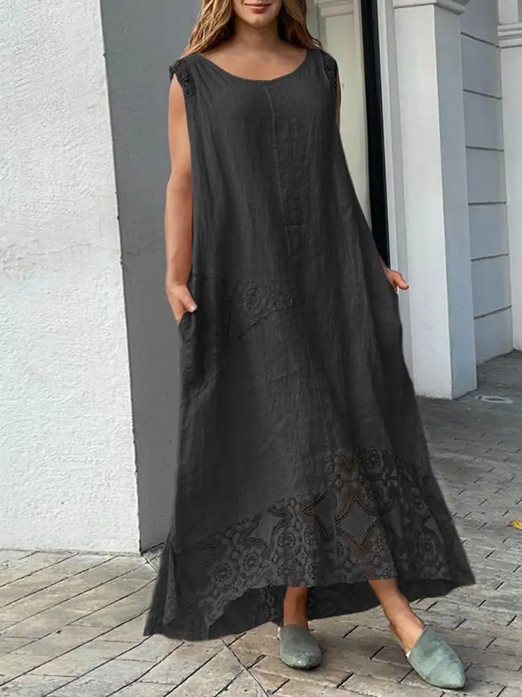 VONDA Bohemian Women Maxi Dress Summer Asymmetrical Lace Party Sundress Casual Loose Solid Short Sleeve Pleated Long Robe Femme