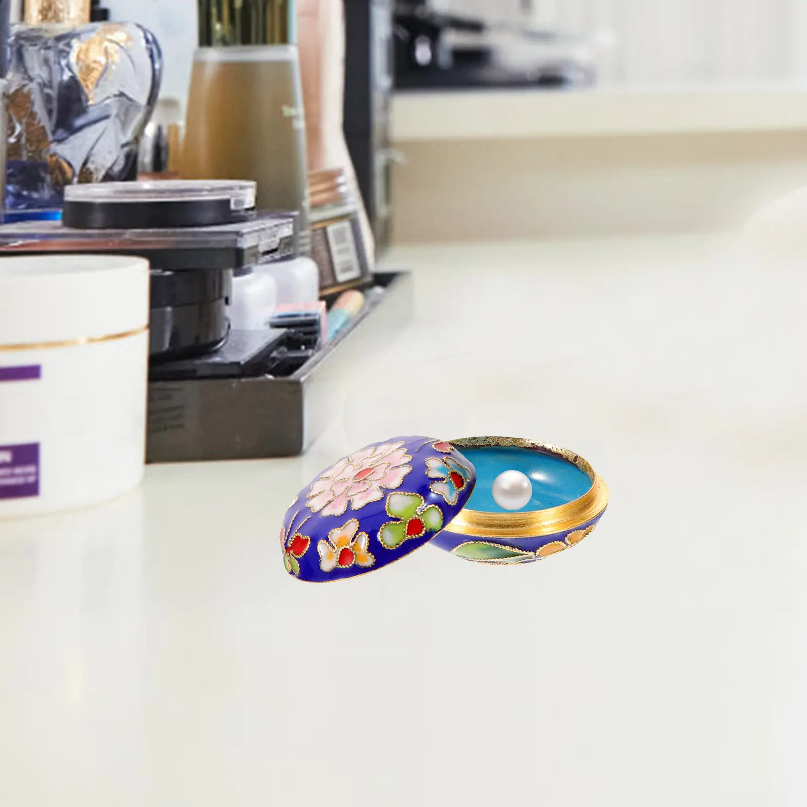Small Chinese Style Cloisonne Jewelry Box Vintage Round Case Lid Design Storage for Earrings Rings Necklaces Bracelets Jewelry