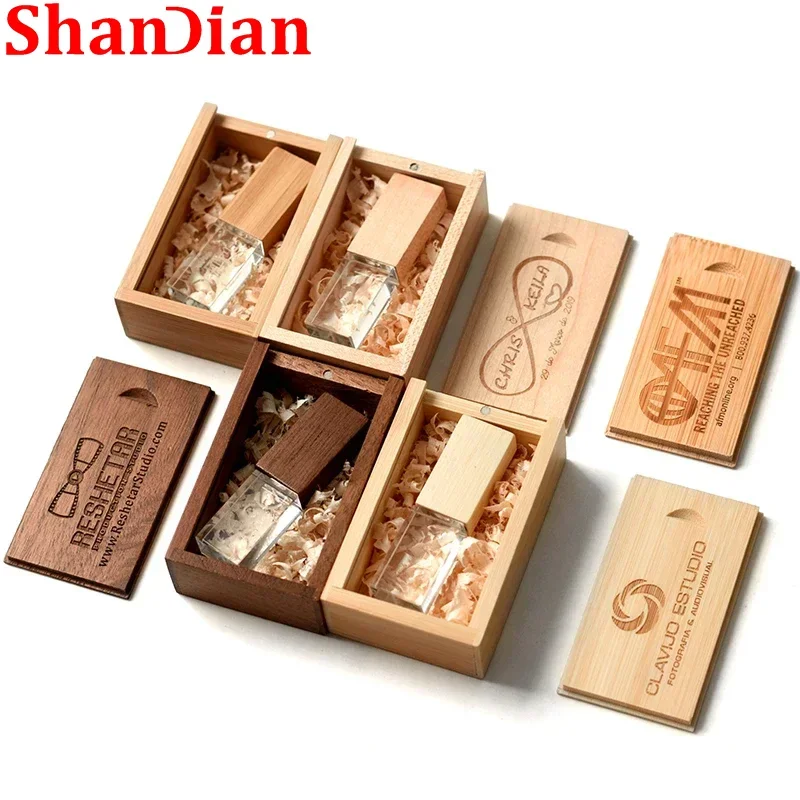 SHANDIAN creative wooden and crystal pendrive 4GB 32GB pen drive 16GB 64GB USB flash drive memory stick LOGO customized gifts