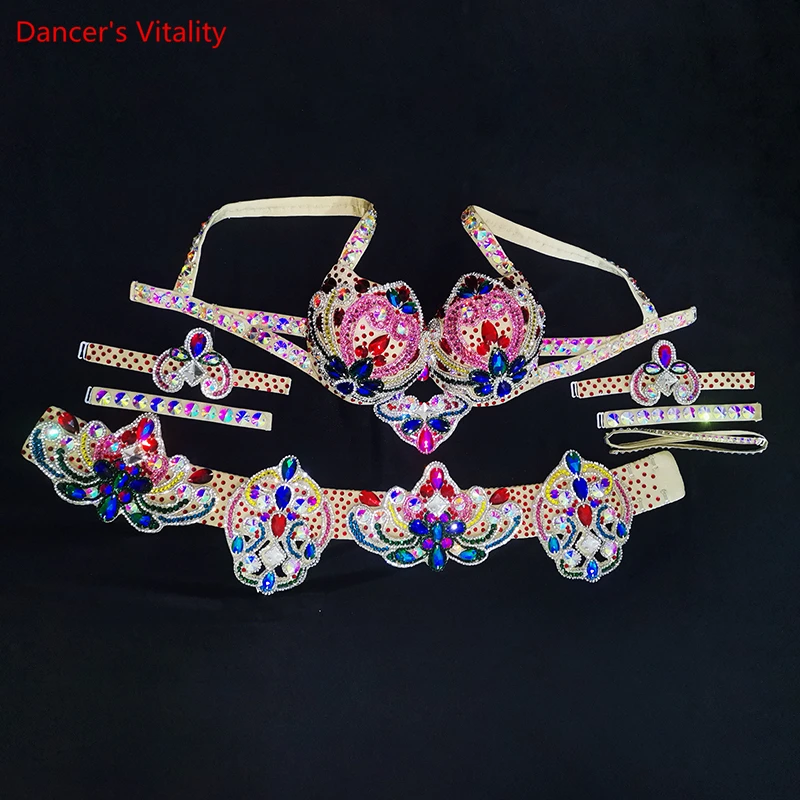 Belly Dance Costumes Set Customized Multi-color Flash Diamonds with Heavy-duty Bra Belt Accessories Female Competition Outft