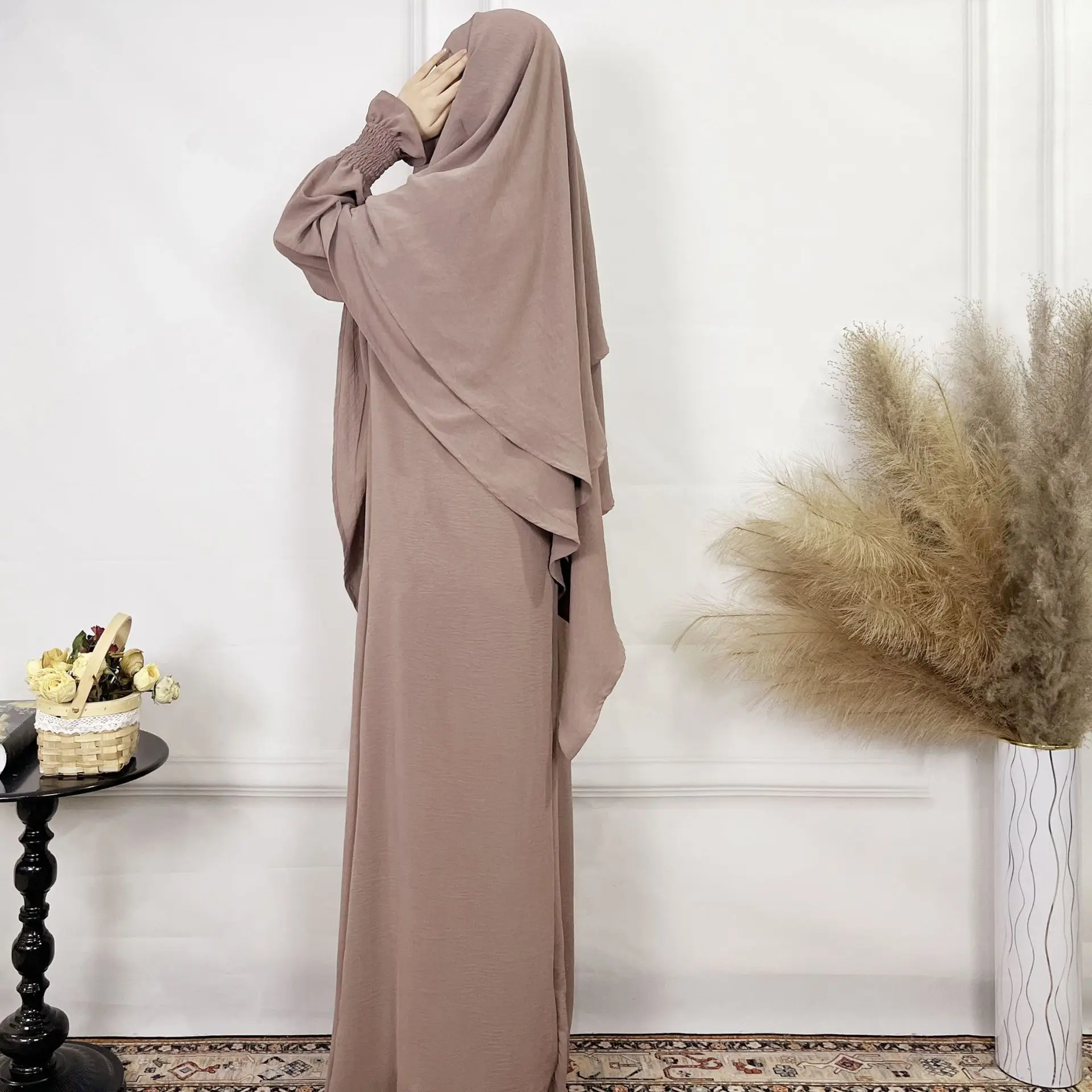 Ice Silk Wrinkled Two-piece Set Dubai Turkey Solid Color Pocket Dress Plus Double Headscarf