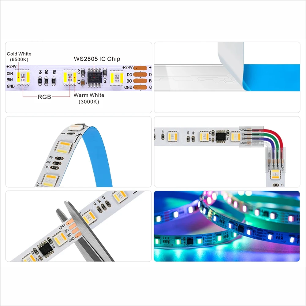 WS2805 بكسل LED قطاع ضوء RGBCCT 5 في 1 أضواء Led قابلة للعنونة إشارة مزدوجة RGB WW CW 3000K-6500K 12V 24V 60LED 1IC إلى 4/6LED