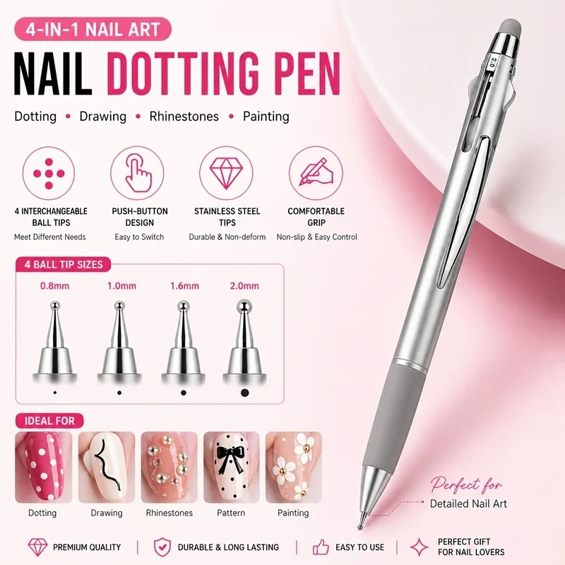 Four-in-one push-pin dotting pen—Multi-head nail art tool，Suitable for painting、Detailed embellishments、Diamond setting and rhin