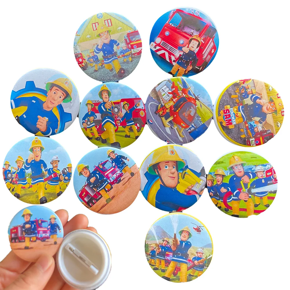 12pcs Fireman Sam Birthday Party Favors Firefighter Pin Back Button Pins for Kids Fireman Sammy Theme Party Decorations Supplies