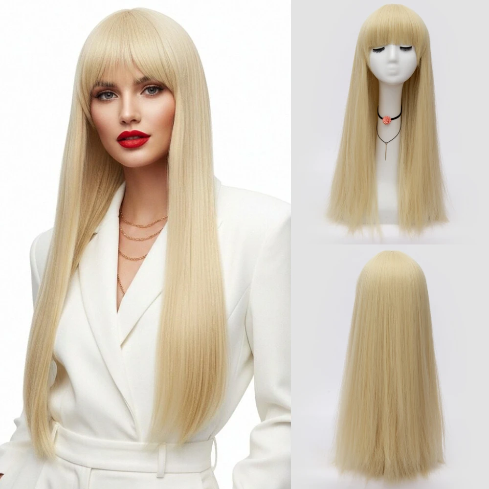 

Blonde Long Straight Synthetic Wig With Full Bang Heat Resistant for Women Halloween Cosplay