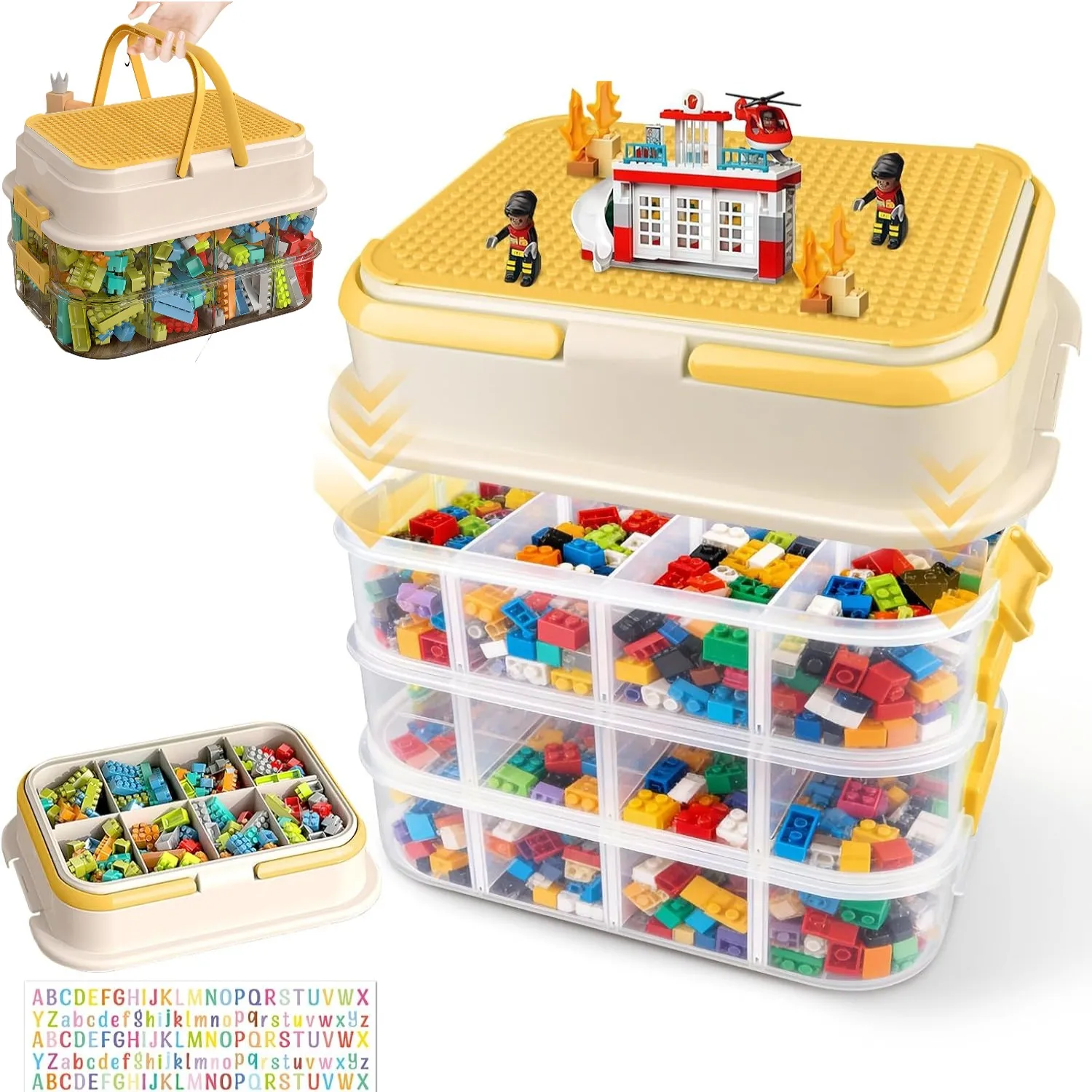 Scatola impilabile per organizzare i mattoncini Lego, contenitore per riporre i giocattoli, con scomparti rimovibili e piastra per costruzioni.