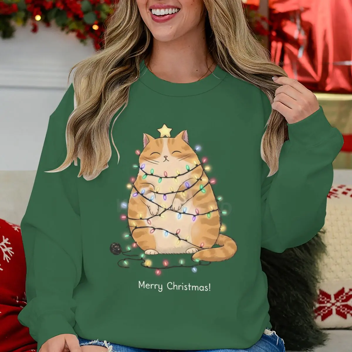 بلوزات نسائية عيد ميلاد سعيد أضواء القط طباعة موضة بلايز عادية القط عاشق هدية عطلة الحيوان Kawaii الكرتون البلوز #4