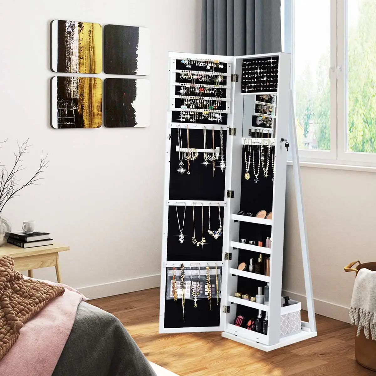 Standing Jewelry Armoire with Tall Full Length Mirror, 2-in-1 Lockable Jewelry Cabinet Organizer with Large Storage Capacity, In