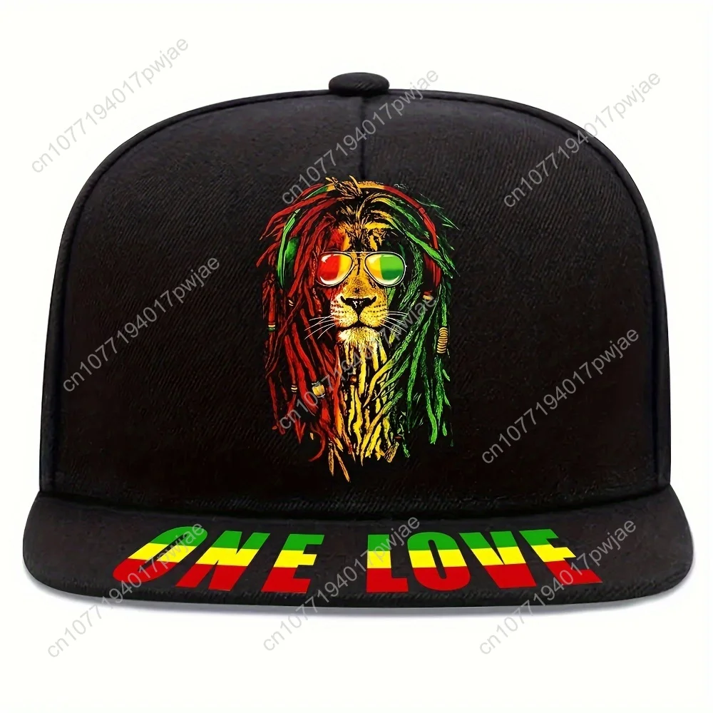 ONE LOVE " Reggae-Inspired Baseball Cap - Street Style, Sun Protection, 100% Polyester, Hand-Washable - Black with Colorful Lion
