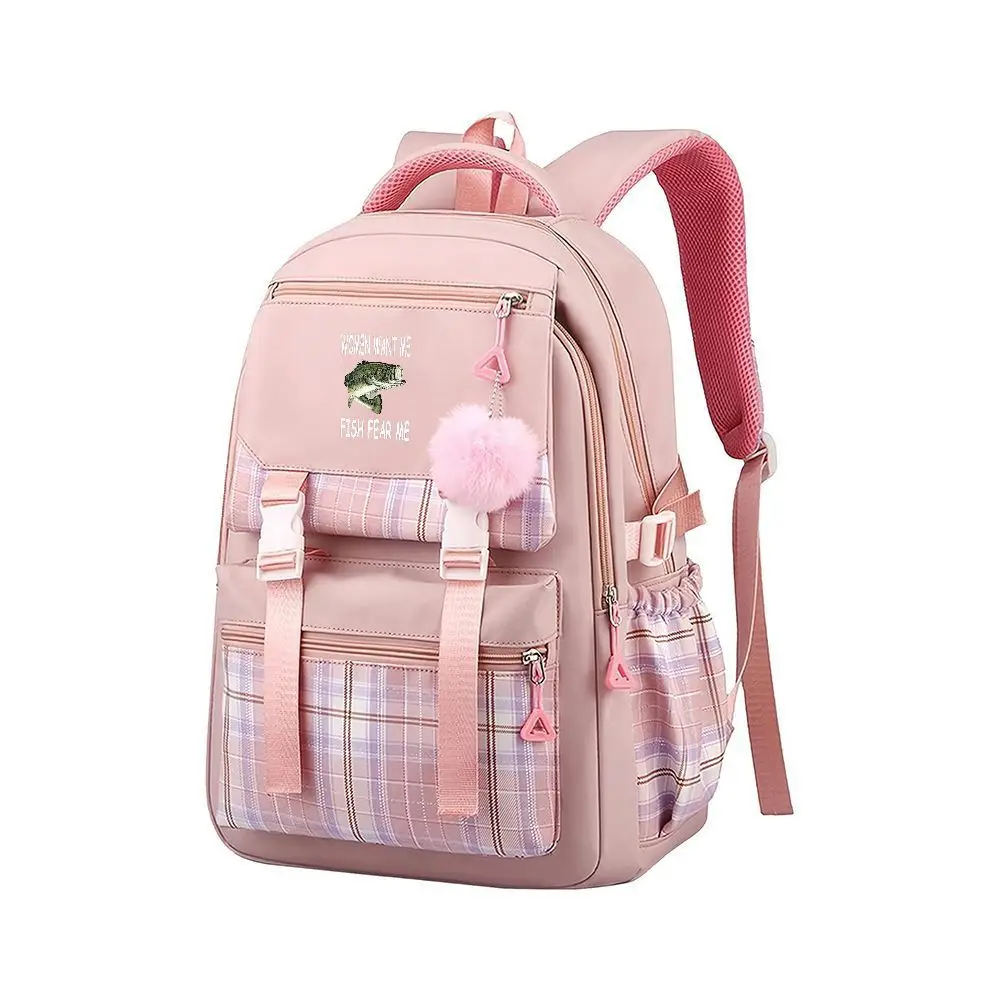 حقيبة ظهر مطبوعة على شكل سمكة منقوشة باللون الوردي، حقيبة ظهر Kawaii مع بوم بوم، حقيبة مدرسية للفتيات، حقيبة نهارية كاجوال للسفر مع أشرطة قابلة للتعديل