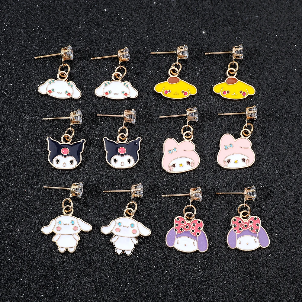 Sanrio Cartoon Character Melody Hello Kitty Earrings Fashion Cute Cinnamon Kuromi Ear Studs For Women Girls Birthday Jewellery