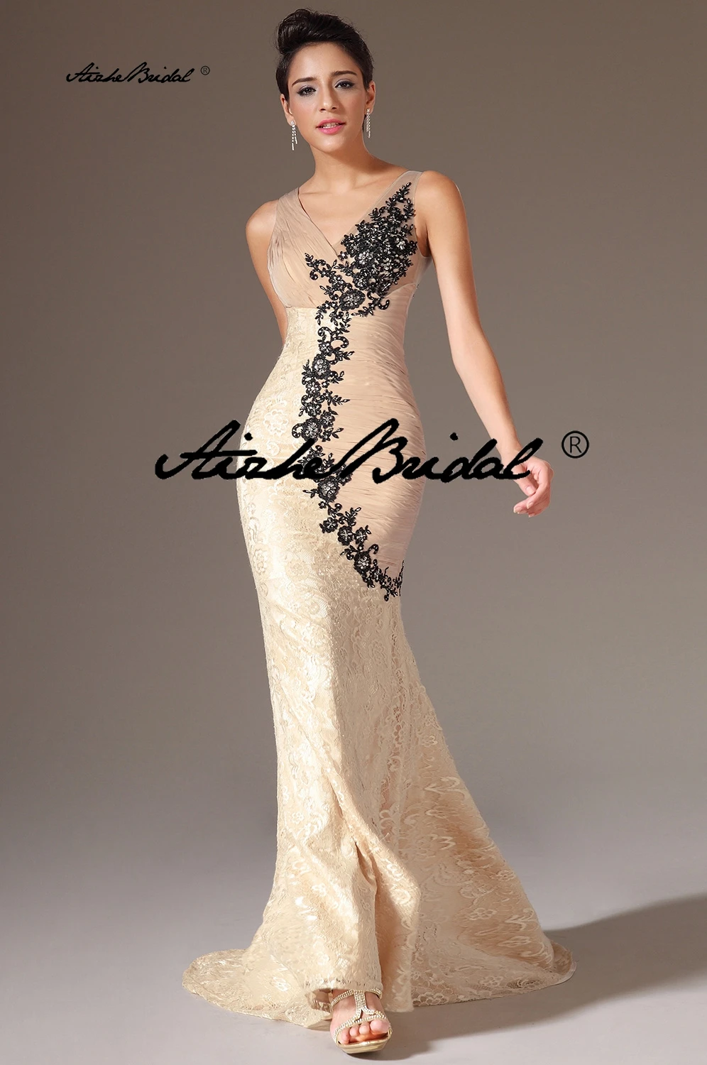 طول الأرض سويب تراين رداء De Soirée رقبة على شكل V من الدانتيل الشمبانيا حورية البحر فساتين سهرة مع زينة سوداء فساتين لحضور الحفلات الموسيقية الطويلة