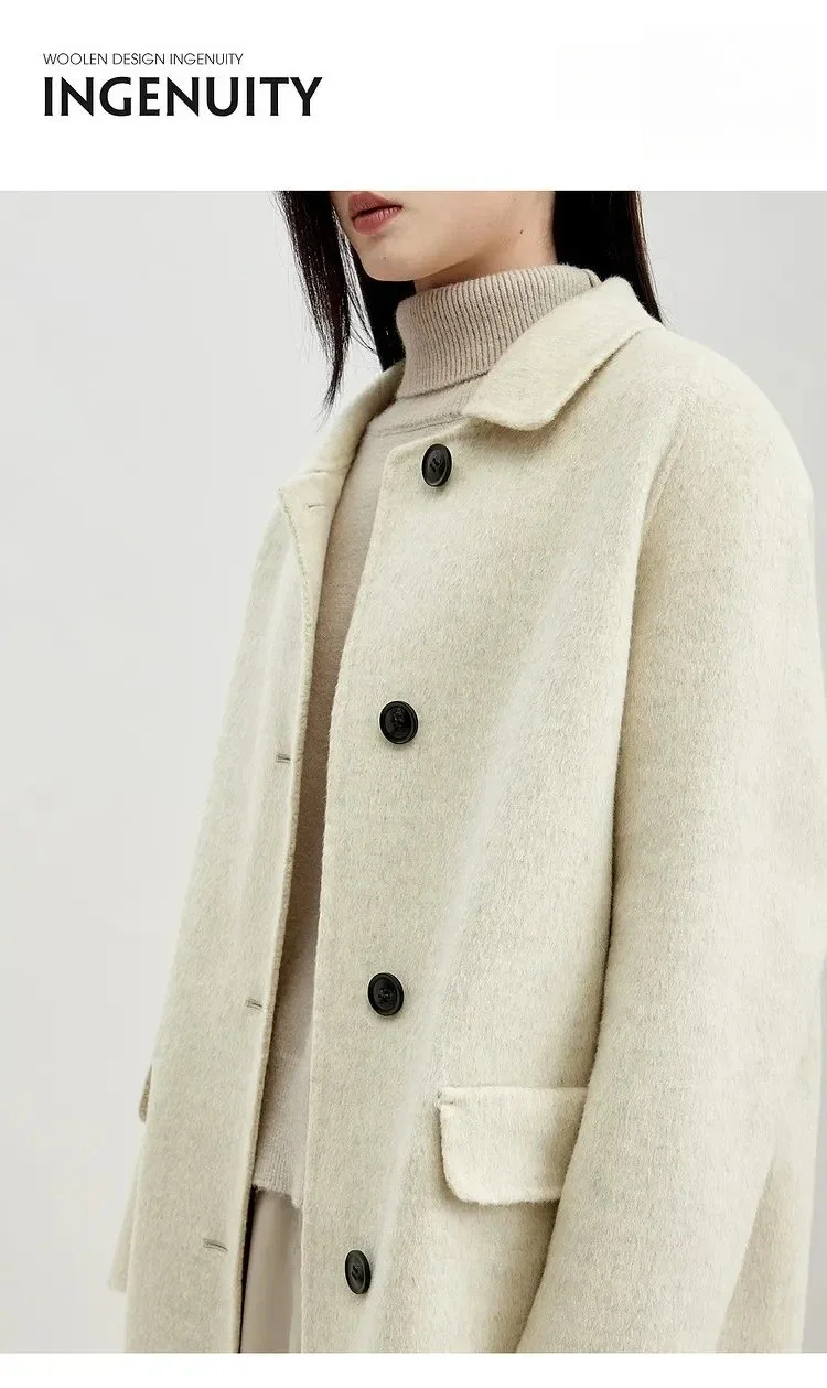 SENTUBILA Langer Mantel aus reiner Wolle für Damen 2026, lässiger Reverskragen, lockerer Trenchcoat, warmer Wintermantel, Damenoberbekleidung W54OF3636X – Detail 16