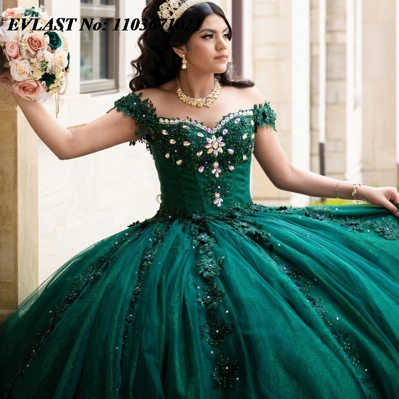 EVLAST Mexican Emerald Green Quinceanera Dress Ball Gown Lace Applique cristalli di perline corsetto Sweet 16 Vestidos De Anos SQ380