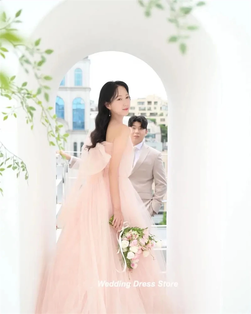 OLOEY Fairy Blush Pink Tulle gaun malam Korea pemotretan pernikahan korset tanpa tali bahu punggung gaun pengantin korset pesta Prom