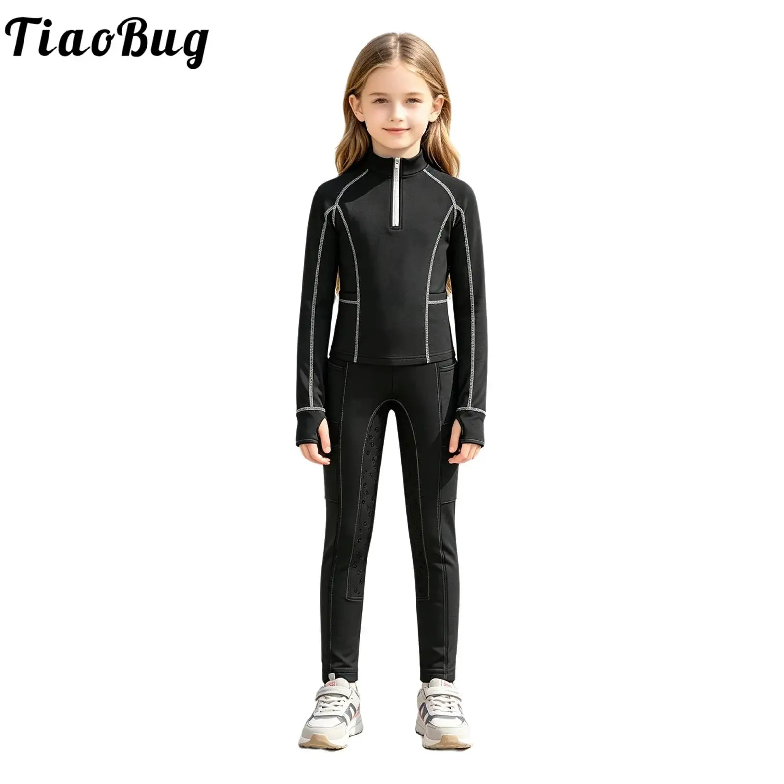 kids-girls-horse-riding-outfit-long-sleeves-stand-collar-thumb-holes-sweatshirt-with-anti-slip-seat-equestrian-breeches-pants