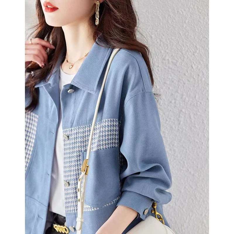 Fashion Lapel Pockets Spliced Printed Houndstooth Coats Female Clothing 2024 Autumn Winter New Loose Korean Tops Casual Jackets