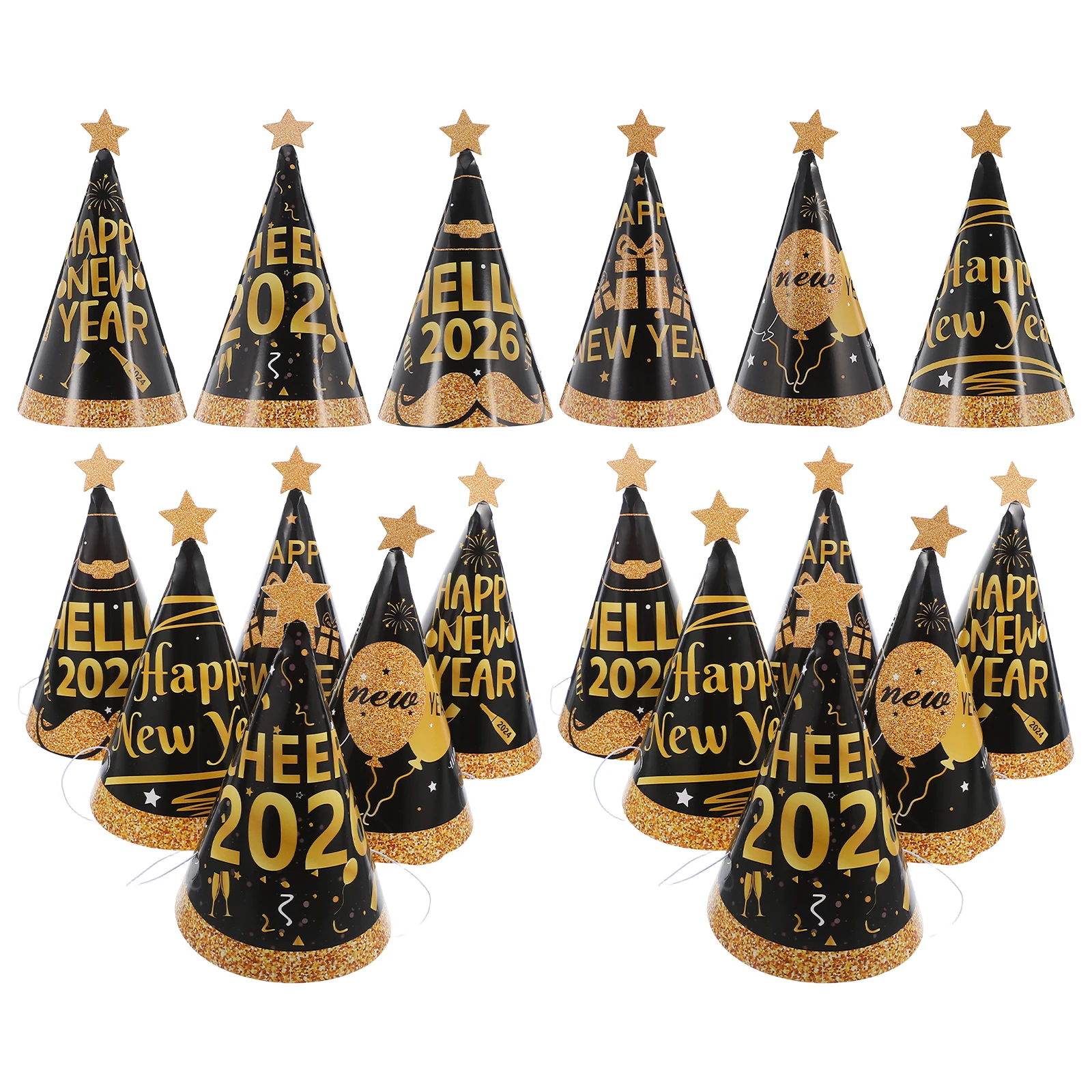 

24pcs New Year Party Hats 2026 Happy New Year Paper Cone Hat For Birthday Celebration Festive Gathering Event Decorations