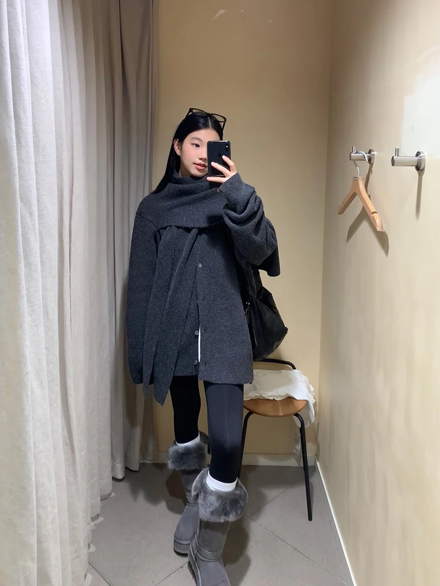 كارديجان نسائي رمادي محبوك بياقة مفتوحة للخريف والشتاء، سترة بتصميم عصري مريحة ودافئة