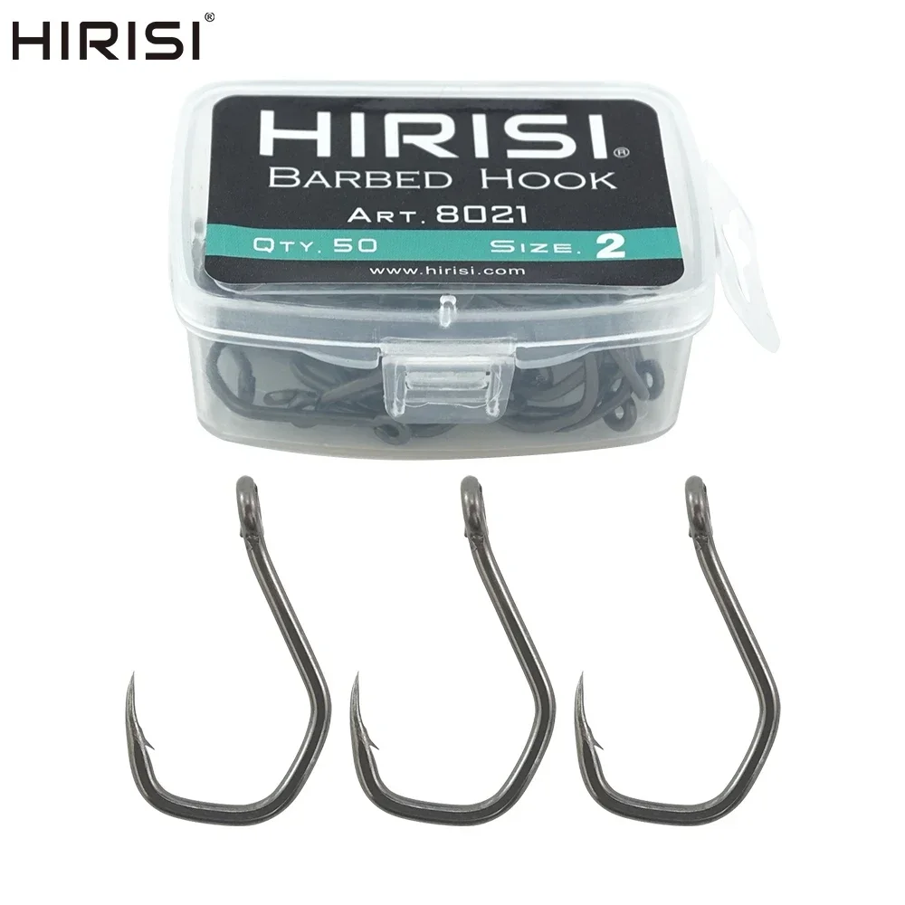 Hirisi 50pcs PTFE Coated High Carbon Stainless Steel Barbed Fishing Hooks With Eye 8021 Fishing Accessories