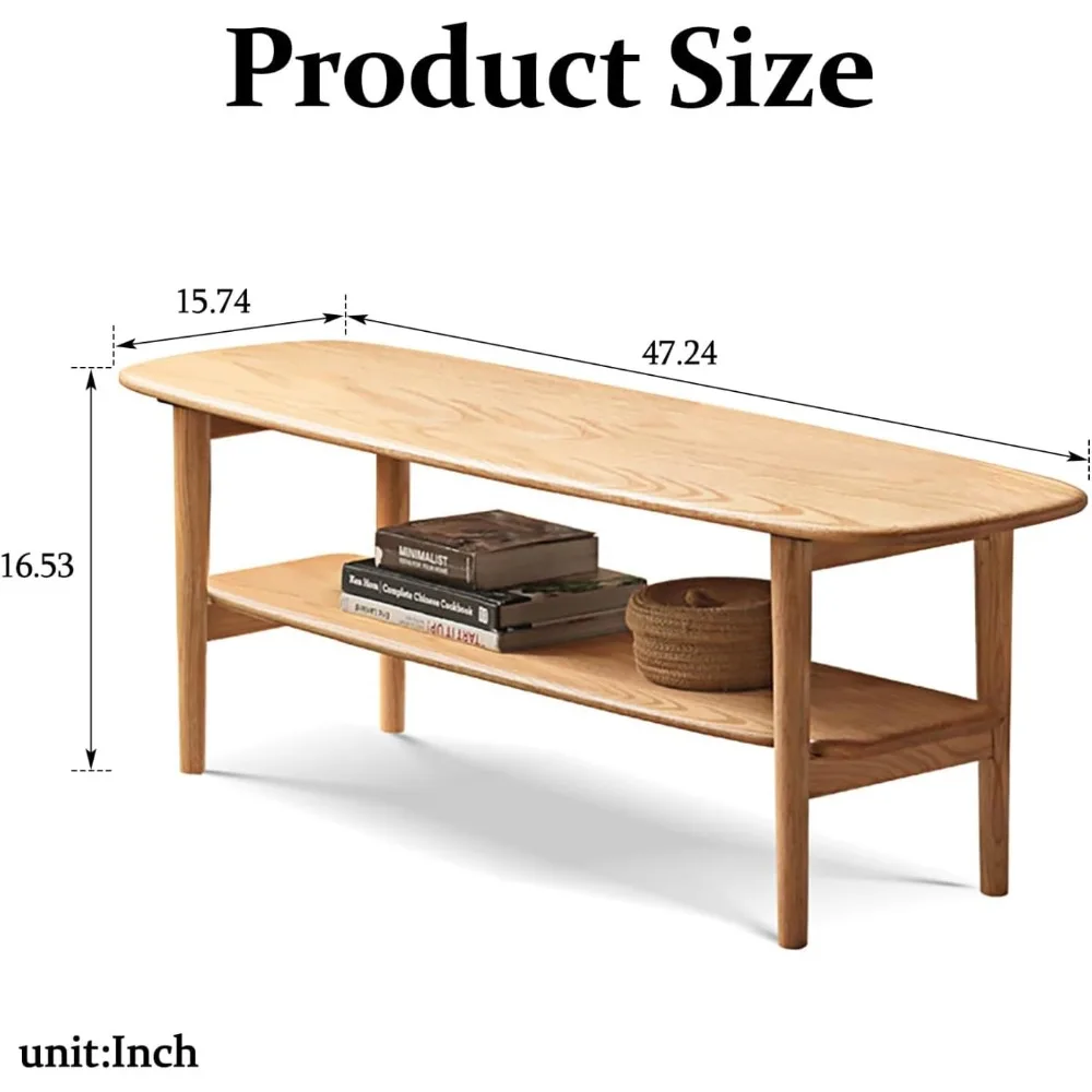 Mesa de centro de madera de roble macizo 100%, mesa de centro estrecha con estante abierto, mesa de centro de 2 niveles para espacio pequeño, sala de estar