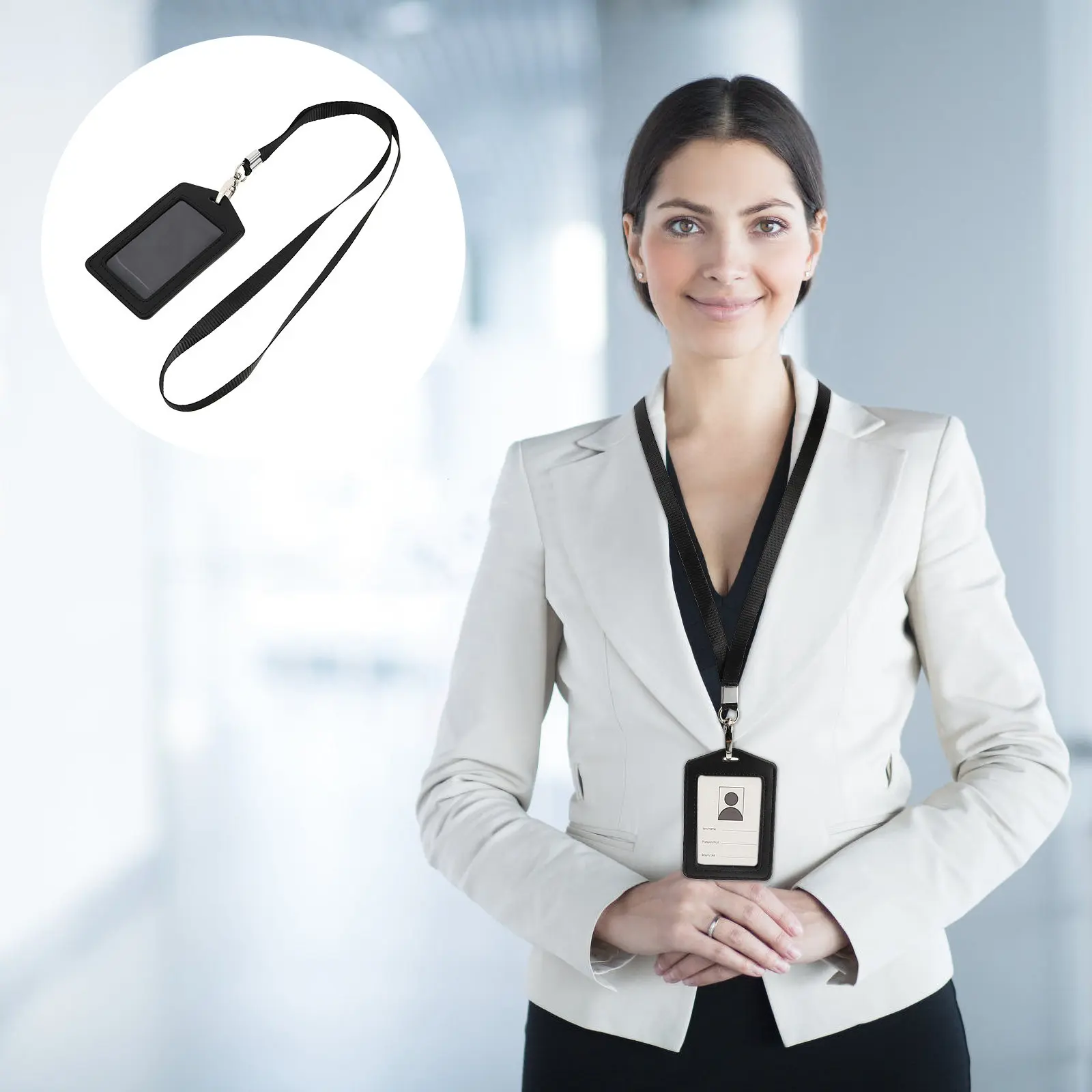 1Pcs Black Employee Id Holder PU Badge Protector Removable Lanyard Pass Card Case Lightweight Secure Business Organizer