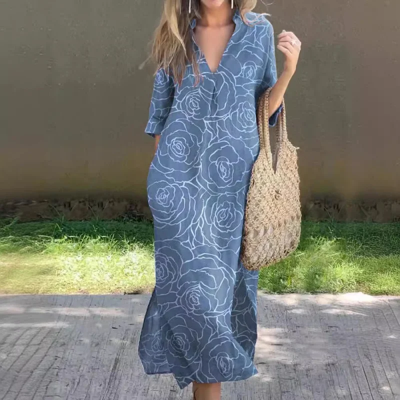 Casual Summer Loose Dress SlitVCollar Impresso Vestido