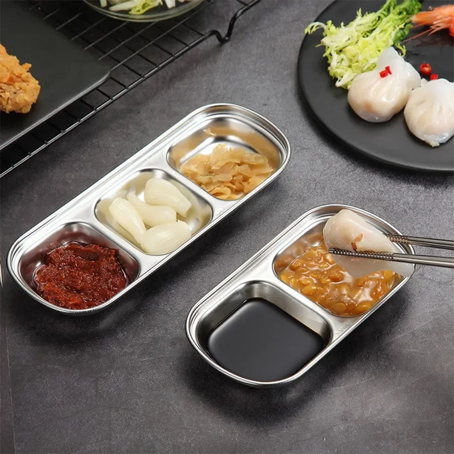 304 Stainless Steel Divided Seasoning Dish 2/3/4 Grid Barbecue Dipping Sauce Plate Condiment Container Tableware Dishwasher Safe