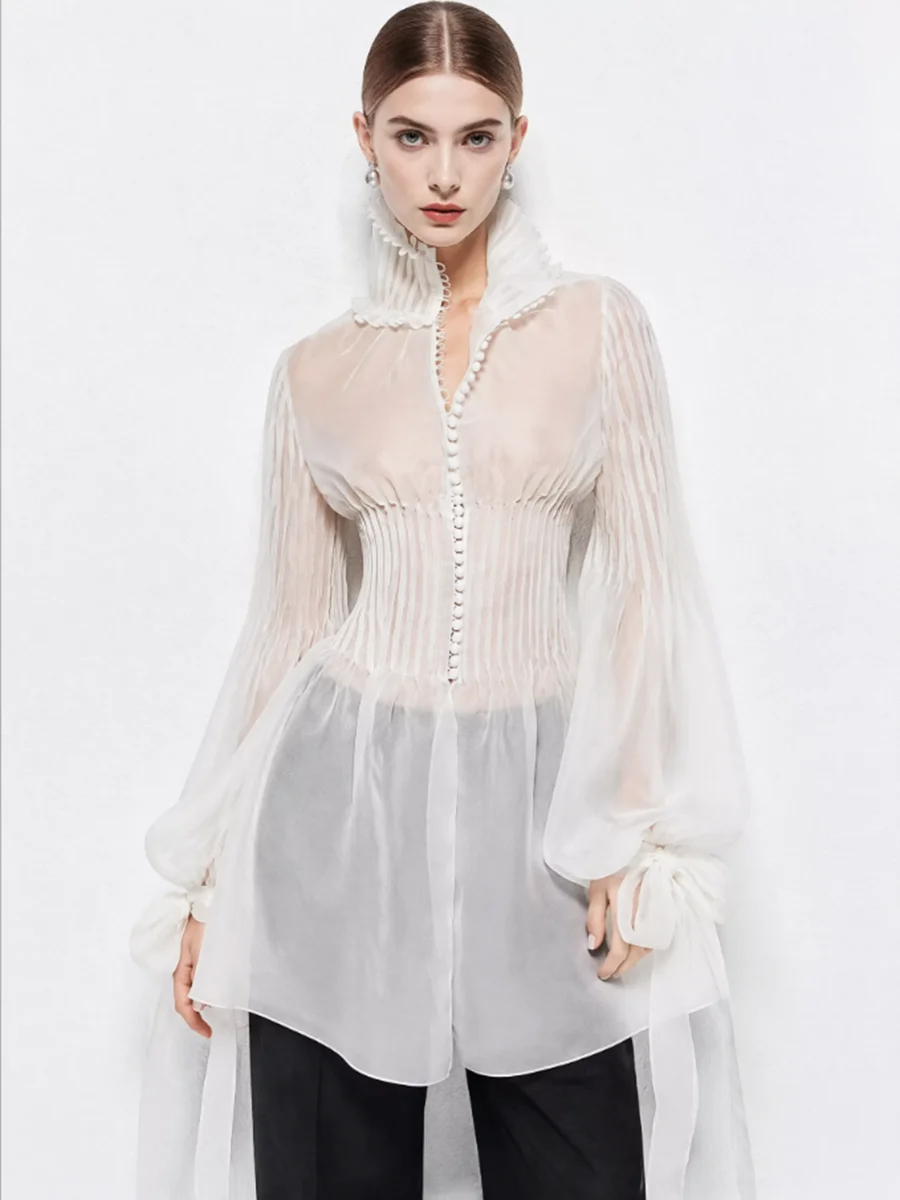 LIMO Sheer Striped Organza Blouse Ruffle High Neck Puff Sleeve Bow Cuff Cinched Waist Top