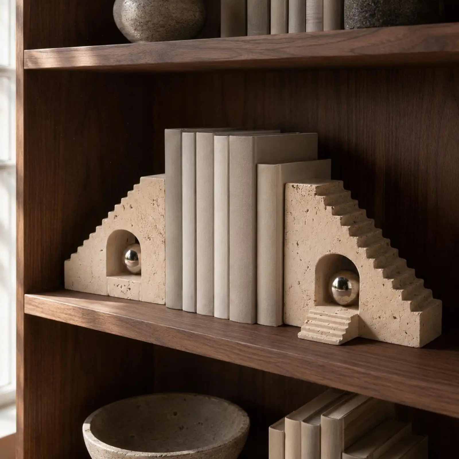 Geometric Bookend Shiny Sphere Architectural Bookend Stepped Design
