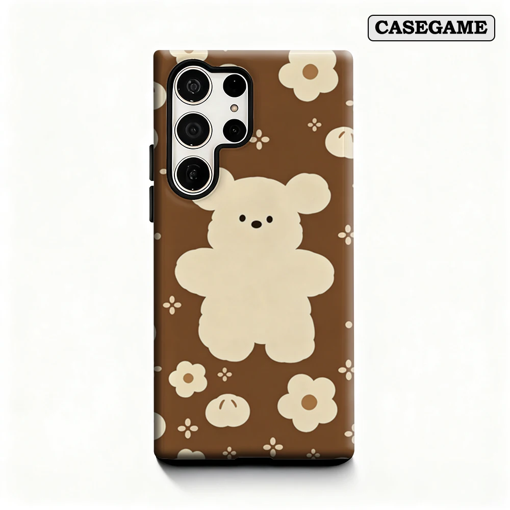 Casegame Phone Case for Samsung Galaxy S25 S26 Ultra S24 S23 Ultra Plus Shockproof Double Layer Bear Flower Print Cover